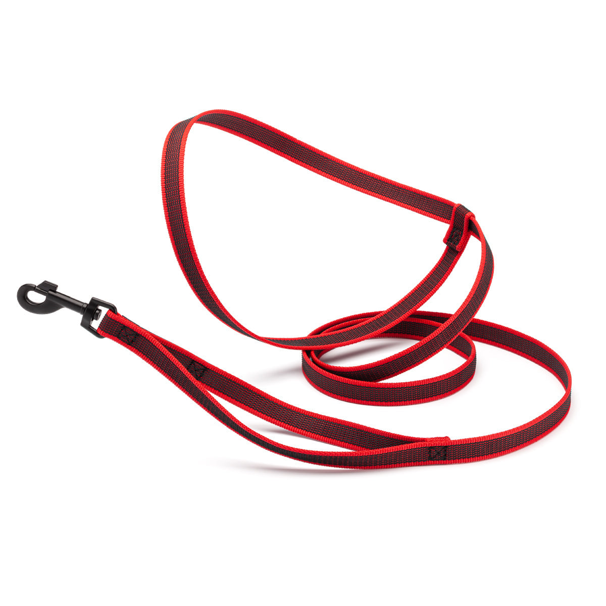Red and black nylon dog leash with a black metal clip