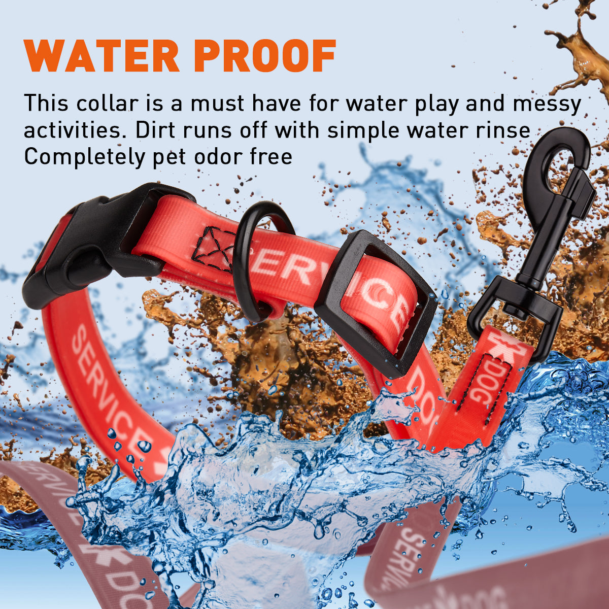 Dogline Biothane service dog collar and leash in red with black hardware surrounded by water splashes