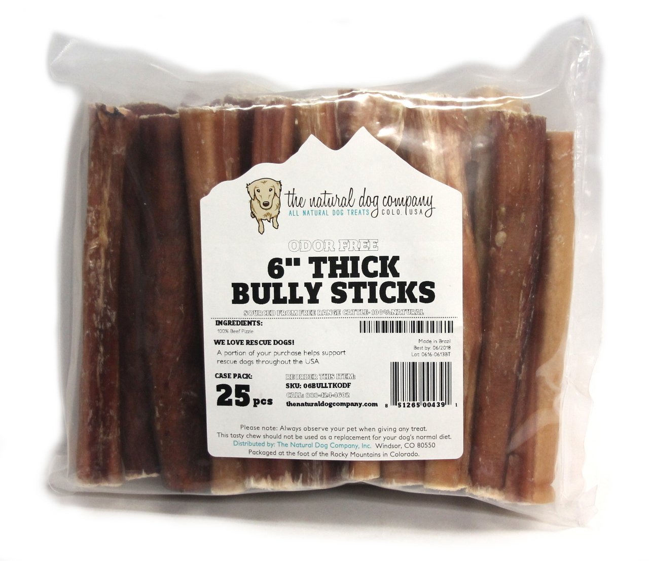 6" Thick Bully Sticks - Odor Free (Bulk) - Pack of 25