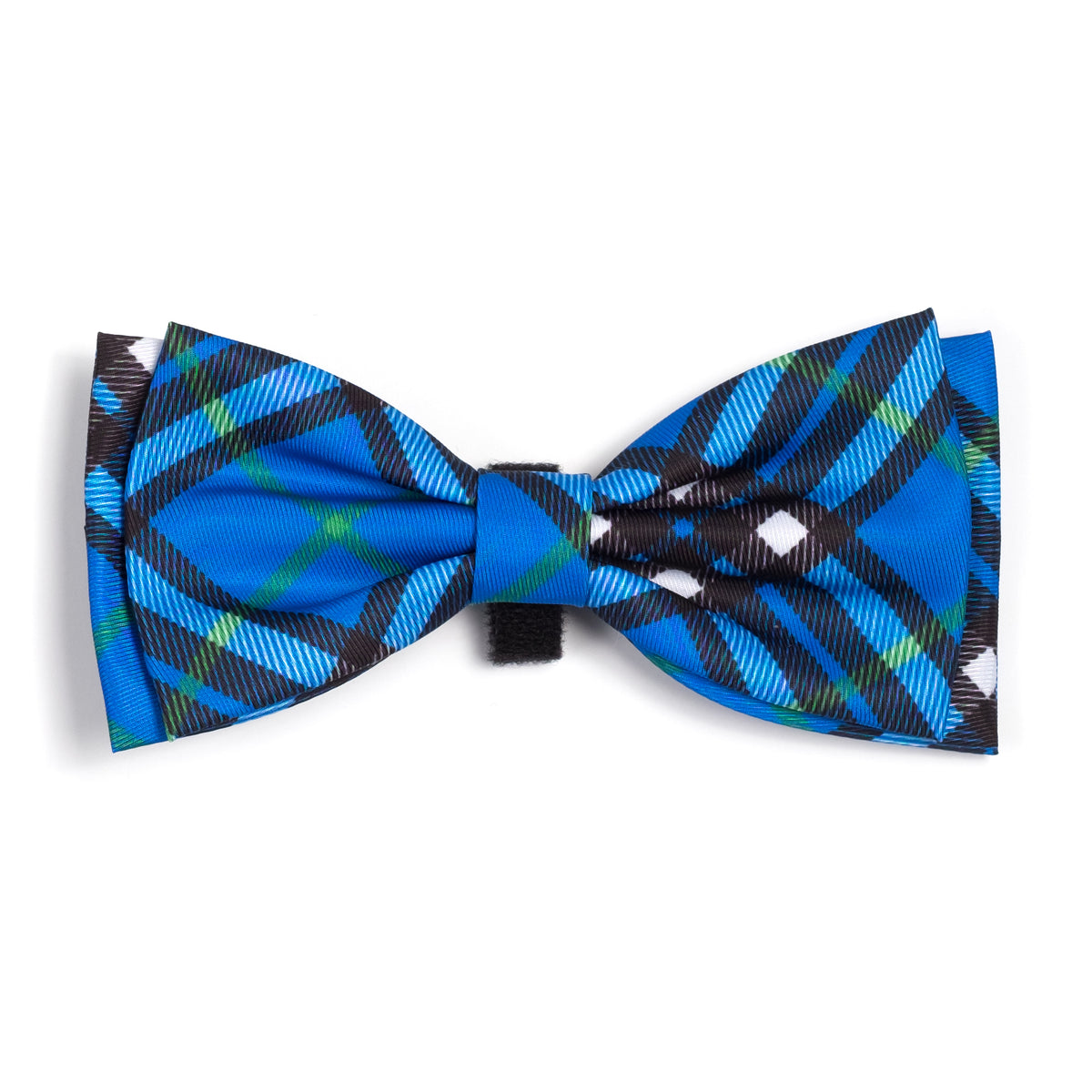 The Worthy Dog Bias Plaid Bow Tie in blue, green, black, and white plaid