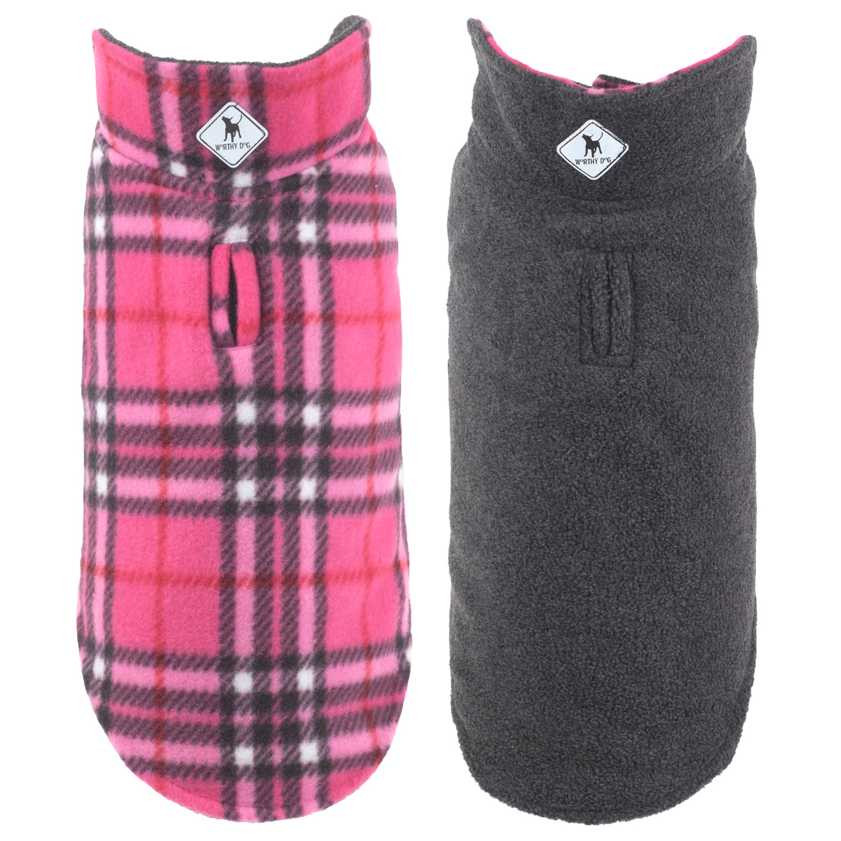 Worthy Dog pink plaid and charcoal gray reversible fleece dog coat
