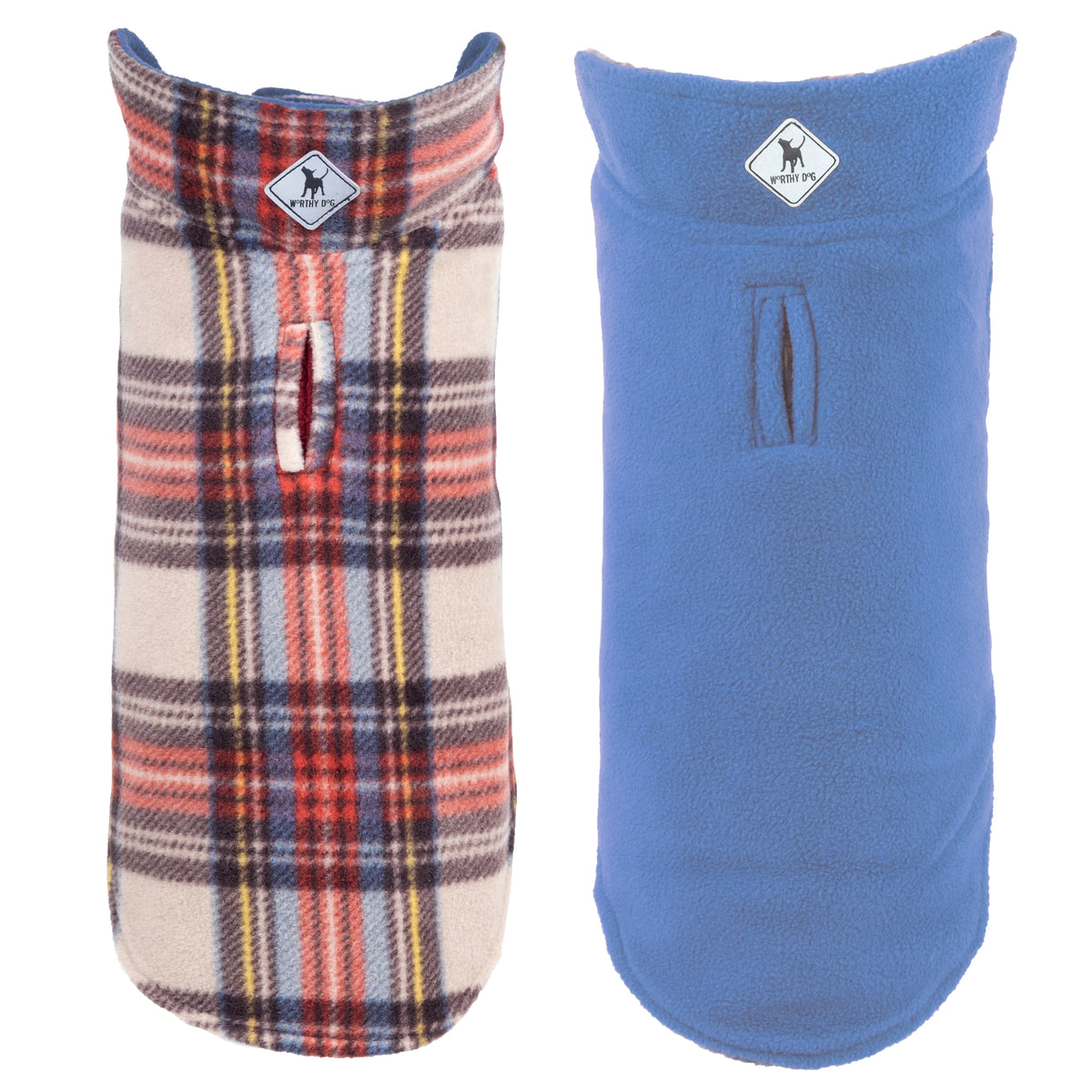 Worthy Dog plaid and blue fleece dog coats