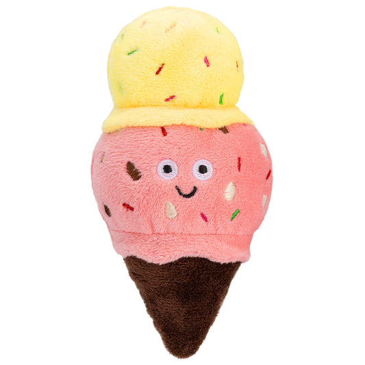Plush ice cream cone toy with pink and yellow scoops, sprinkles, and a smiling face