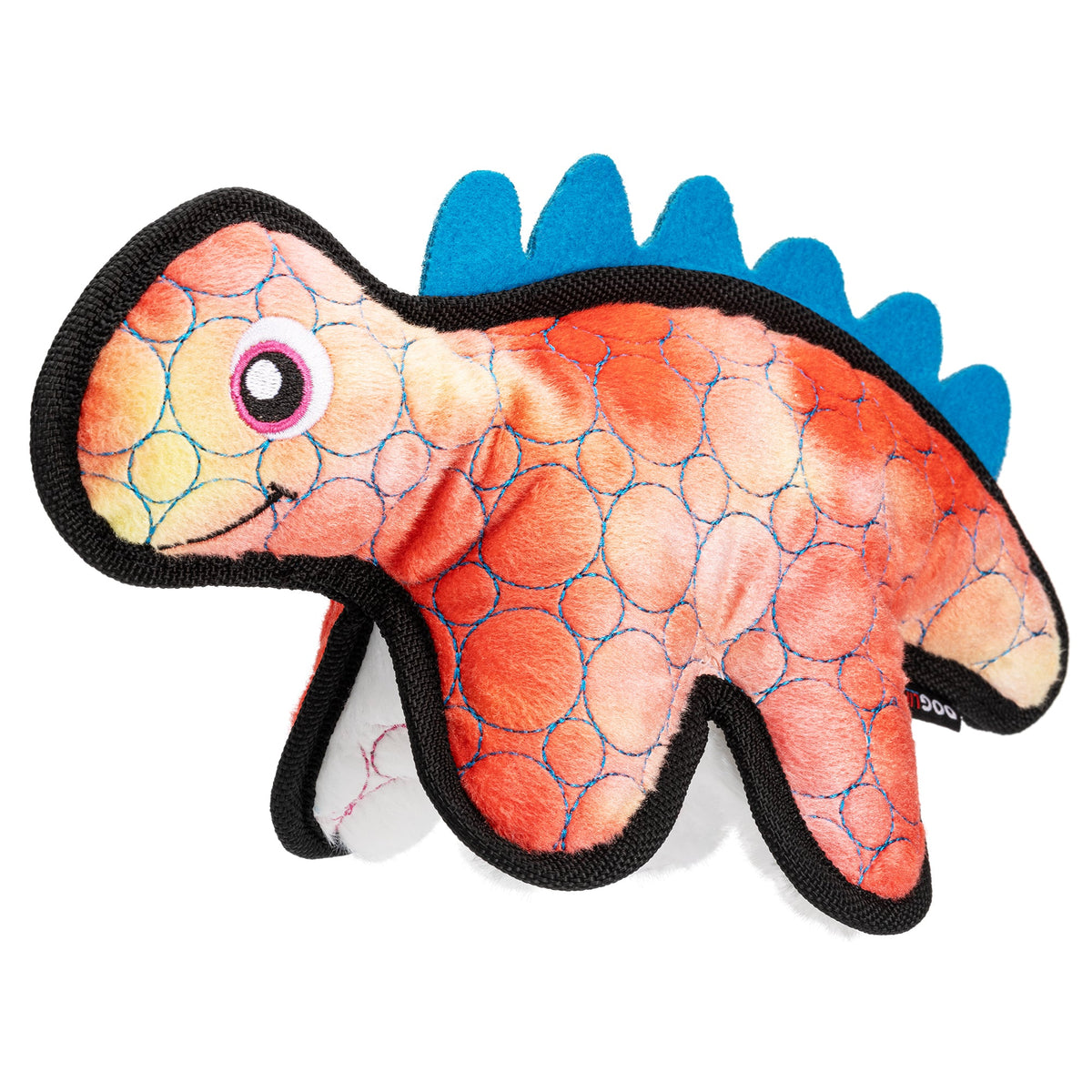Orange and yellow dinosaur dog toy with blue spikes on its back and a black trim