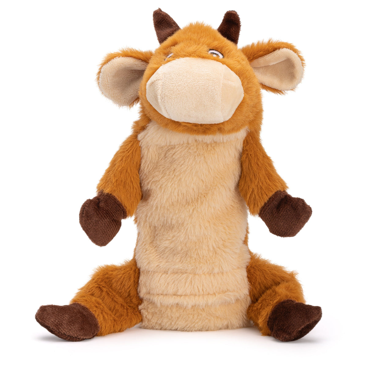 Brown and tan plush toy cow with small horns and floppy ears
