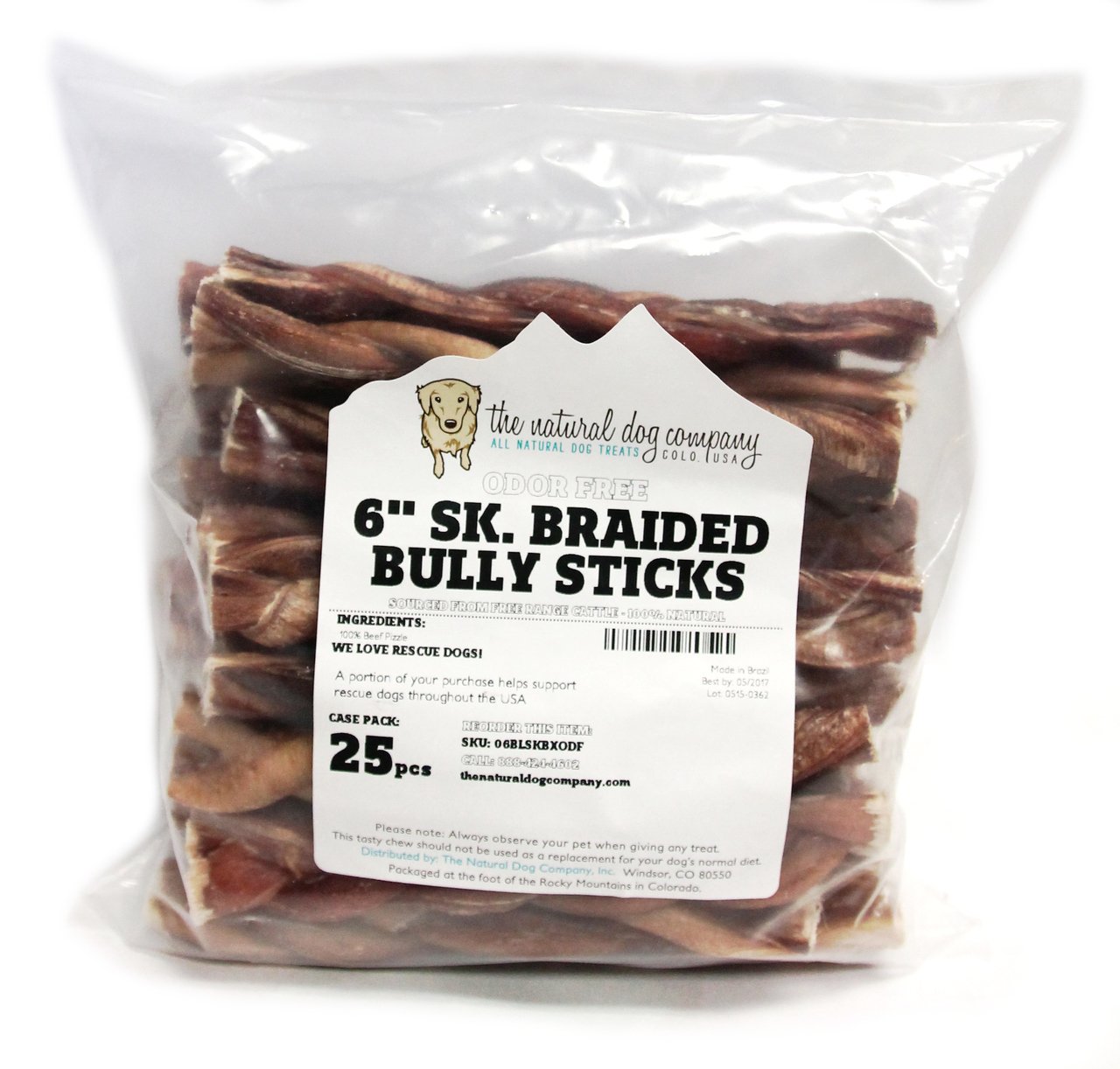 6" Standard Braided Bully Stick - Odor Free (Bulk) - Pack of 25