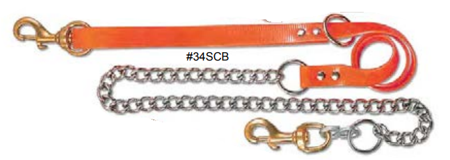 Orange leather and metal chain dog leash with brass snaps