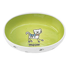 Green and white ceramic pet bowl with a cartoon cat and the word meow