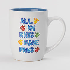 PetRageous Designs mug with All My Kids Have Paws text and colorful paw prints