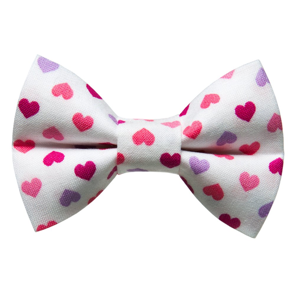 Sweet Pickles Designs The Modern Romance bow tie with a white background and pink and purple heart pattern
