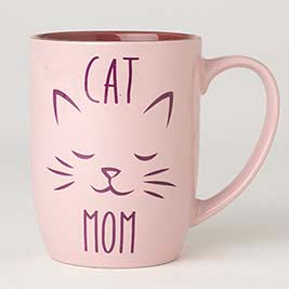 PetRageous Designs Cat Mom mug, pink with a cat face and text