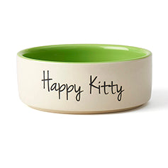 Happy Kitty ceramic pet bowl with green interior