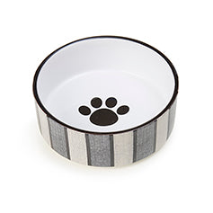 PetRageous Designs Stoneware Pinstripe bowl with a paw print inside