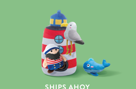 Fringe Studio SHIPS AHOY HIDE & SEEK DOG TOY with lighthouse, sailor, seagull, and whale plush toys