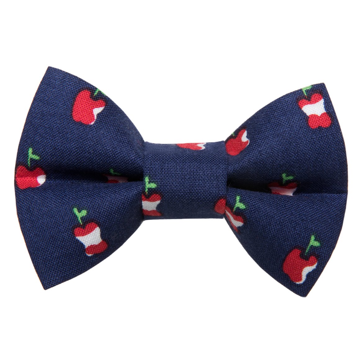 Navy blue bow tie with a red apple core print