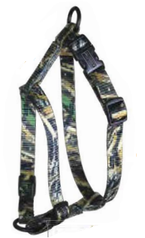Camo dog harness with black buckles and D-ring