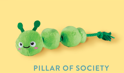 Green caterpillar dog toy with a rope tail