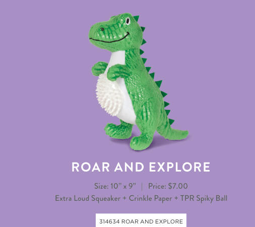 Roar and Explore green dinosaur plush toy with a white spiky ball on its belly