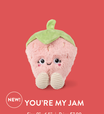You're My Jam strawberry plush toy with a smiling face