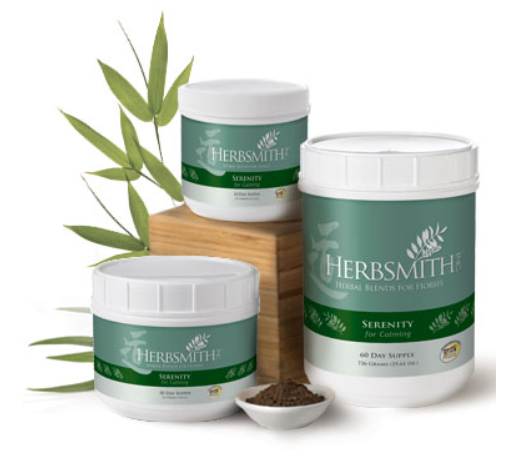 Herbsmith Serenity calming supplement containers and a small bowl of herbal powder
