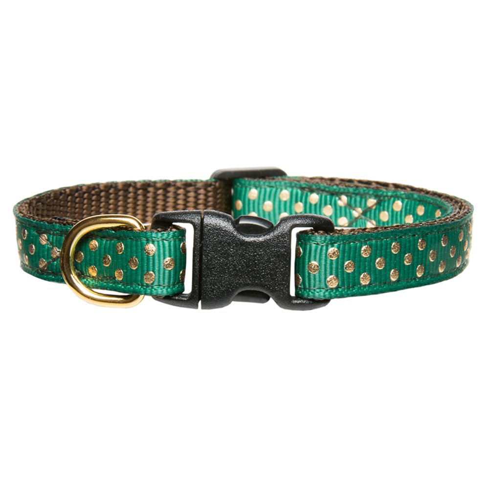Sweet Pickles Designs The Million Dollar Kitty cat collar in green with gold polka dots and a black plastic buckle