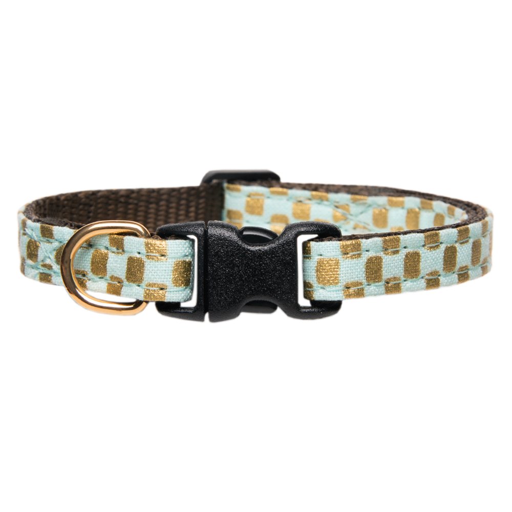Sweet Pickles Designs The Maverick cat collar in light blue and gold checkered pattern with black buckle