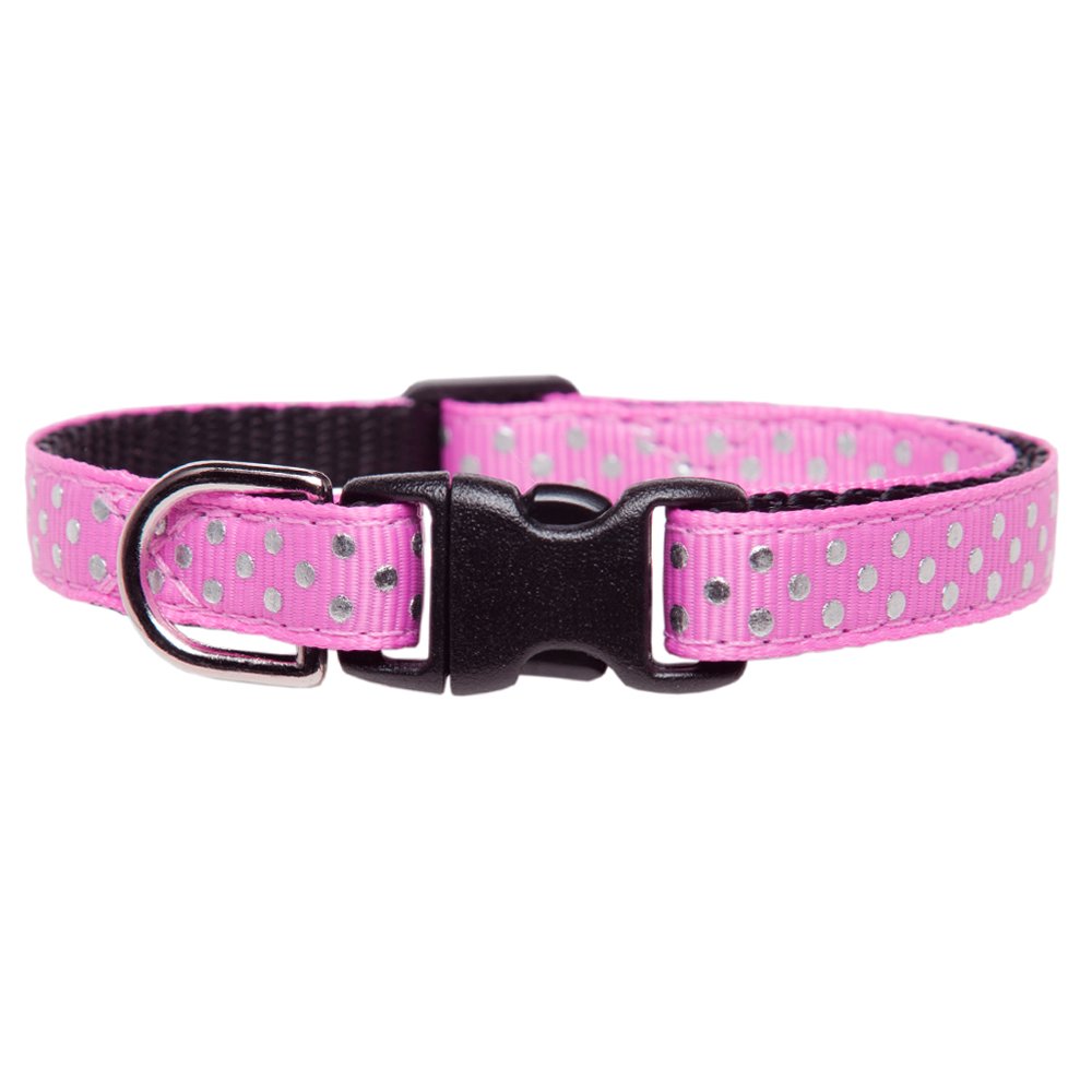 Sweet Pickles Designs The Future Is Bright pink cat collar with silver polka dots and black plastic buckle