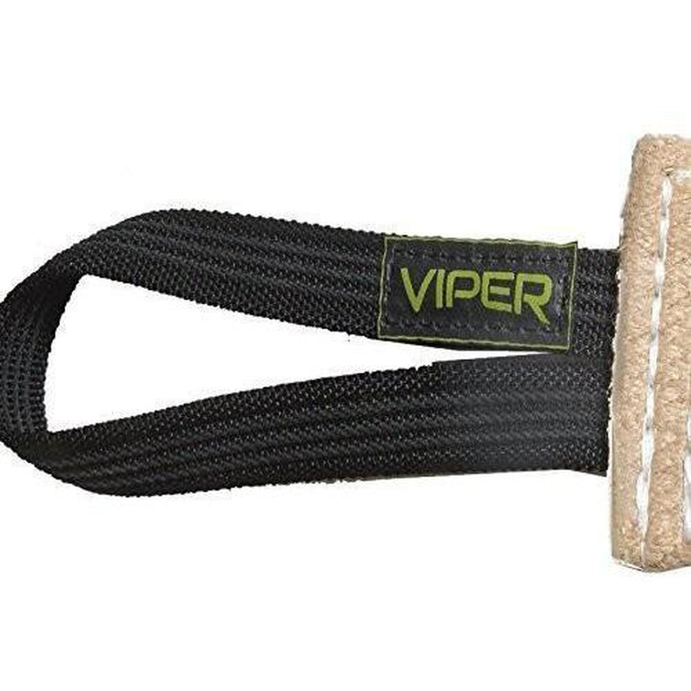 Black nylon handle with a Viper brand label attached to a Dogline Viper Jute Tug