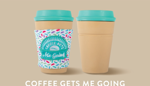 Fringe Studio COFFEE GETS ME GOIN RUBBER PLUSH DOG TOY, two coffee cups with teal lids