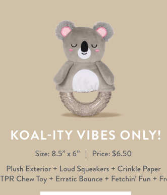 Koala plush toy with a textured ring for chewing