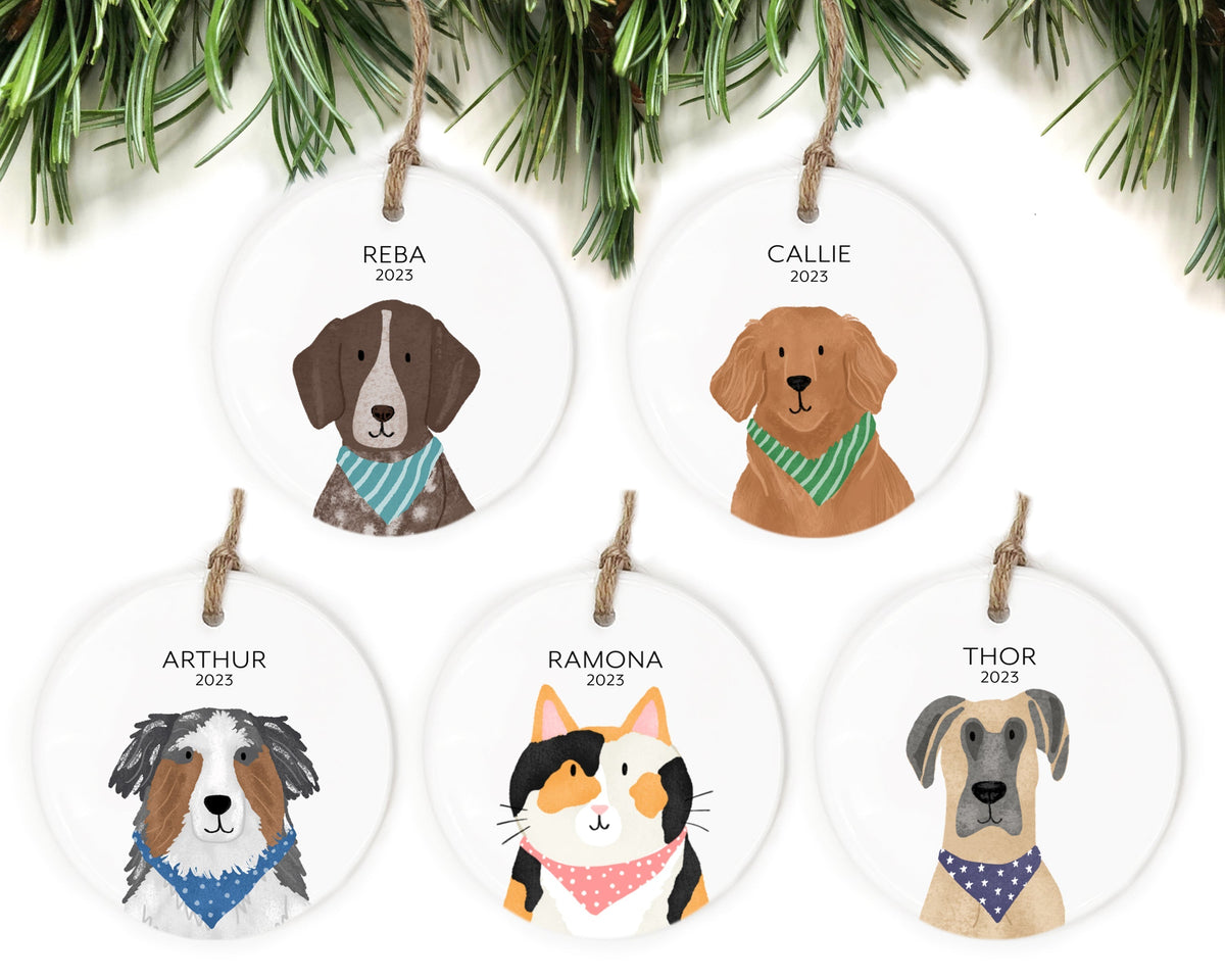 The Cheery Pet Poodle Ornament with five pet illustrations, including a cat and four dogs