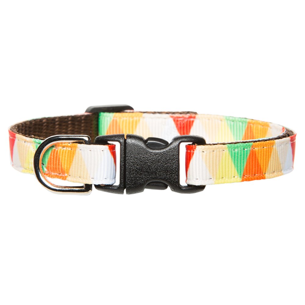 Sweet Pickles Designs Raise Shine cat collar with orange yellow and green diamond pattern and black plastic buckle