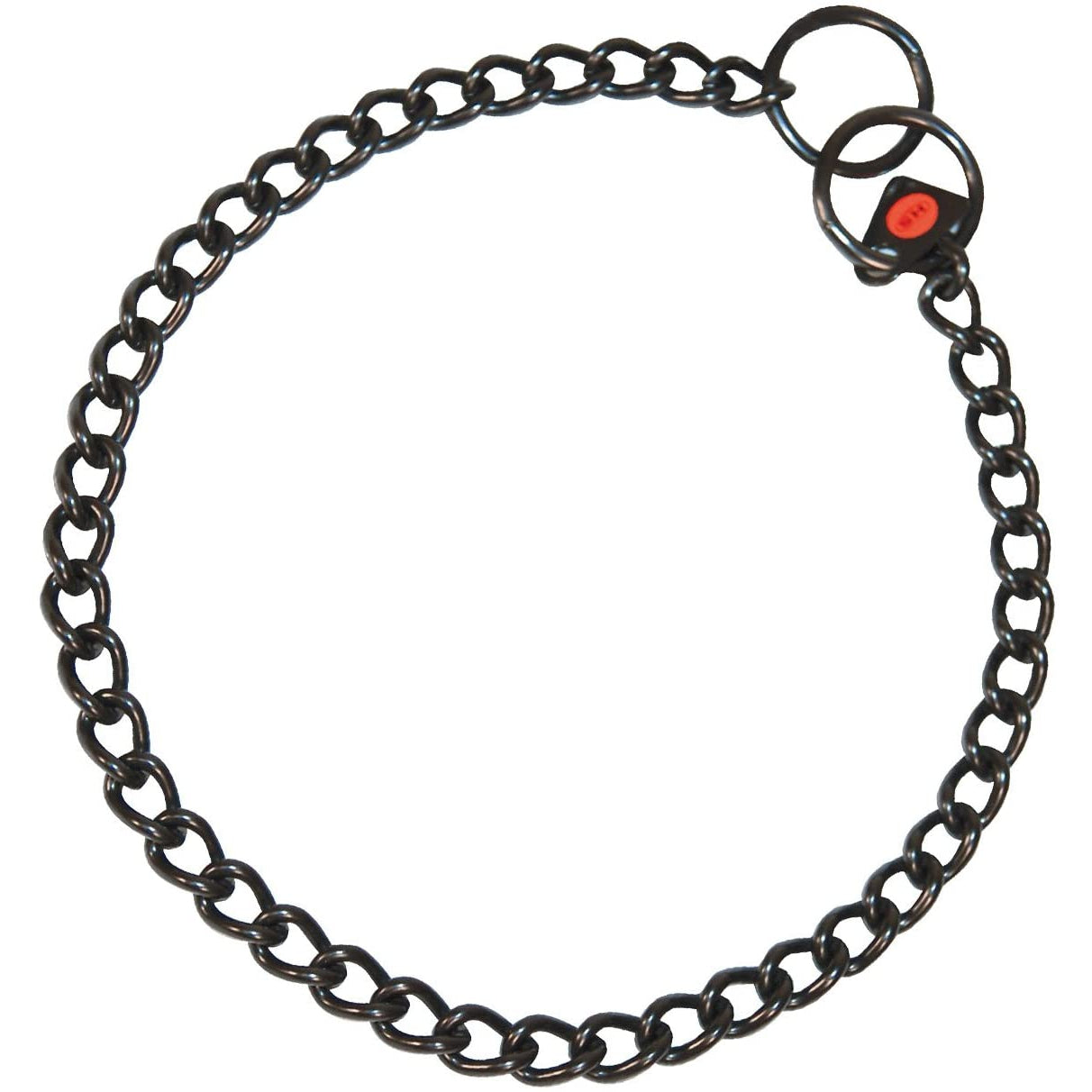 Black metal chain collar with two rings and a small red tag