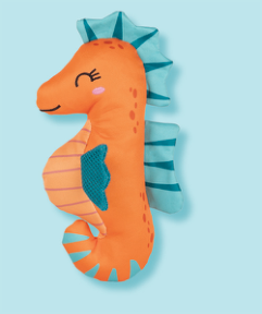 Orange seahorse plush toy with blue fins and belly detail