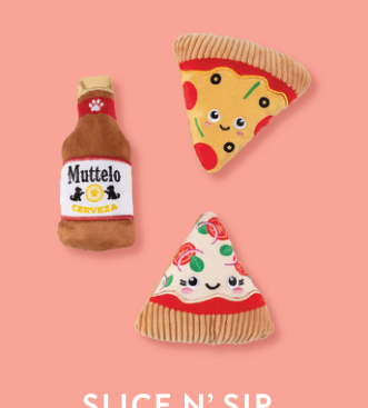 Mutello Cerveza bottle and two pizza slice dog toys