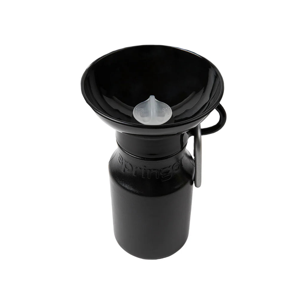 Springer Mini Travel Bottle 15oz in black with a bowl top and a clear stopper