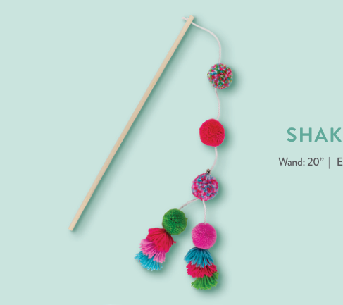 Shaker wand cat toy with colorful pom-poms and tassels