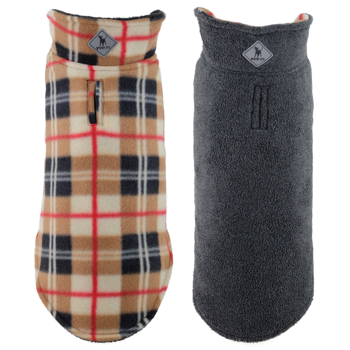 The Worthy Dog Fargo Fleece Jacket in tan plaid and solid charcoal