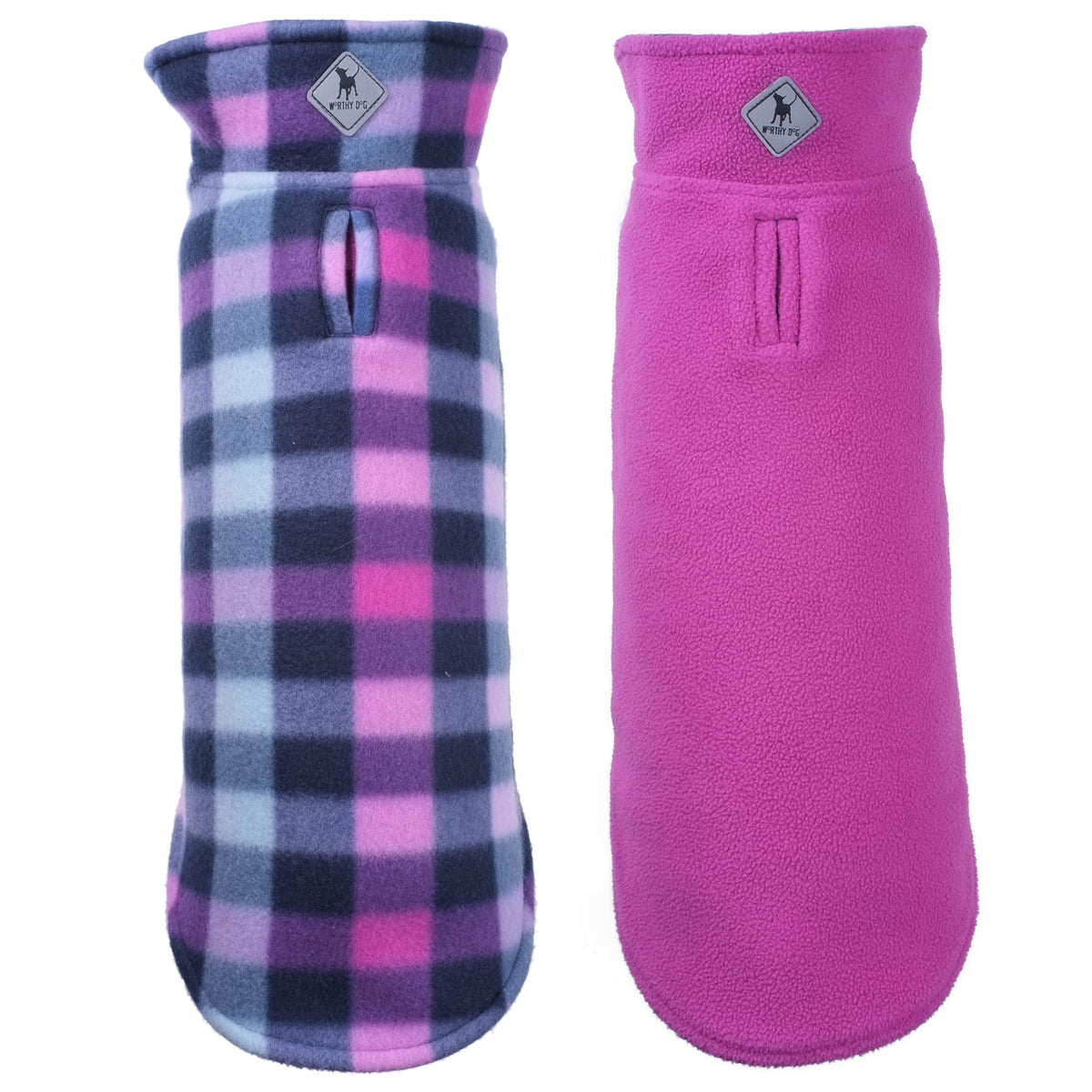 The Worthy Dog Fargo Fleece Jacket in purple plaid and solid purple
