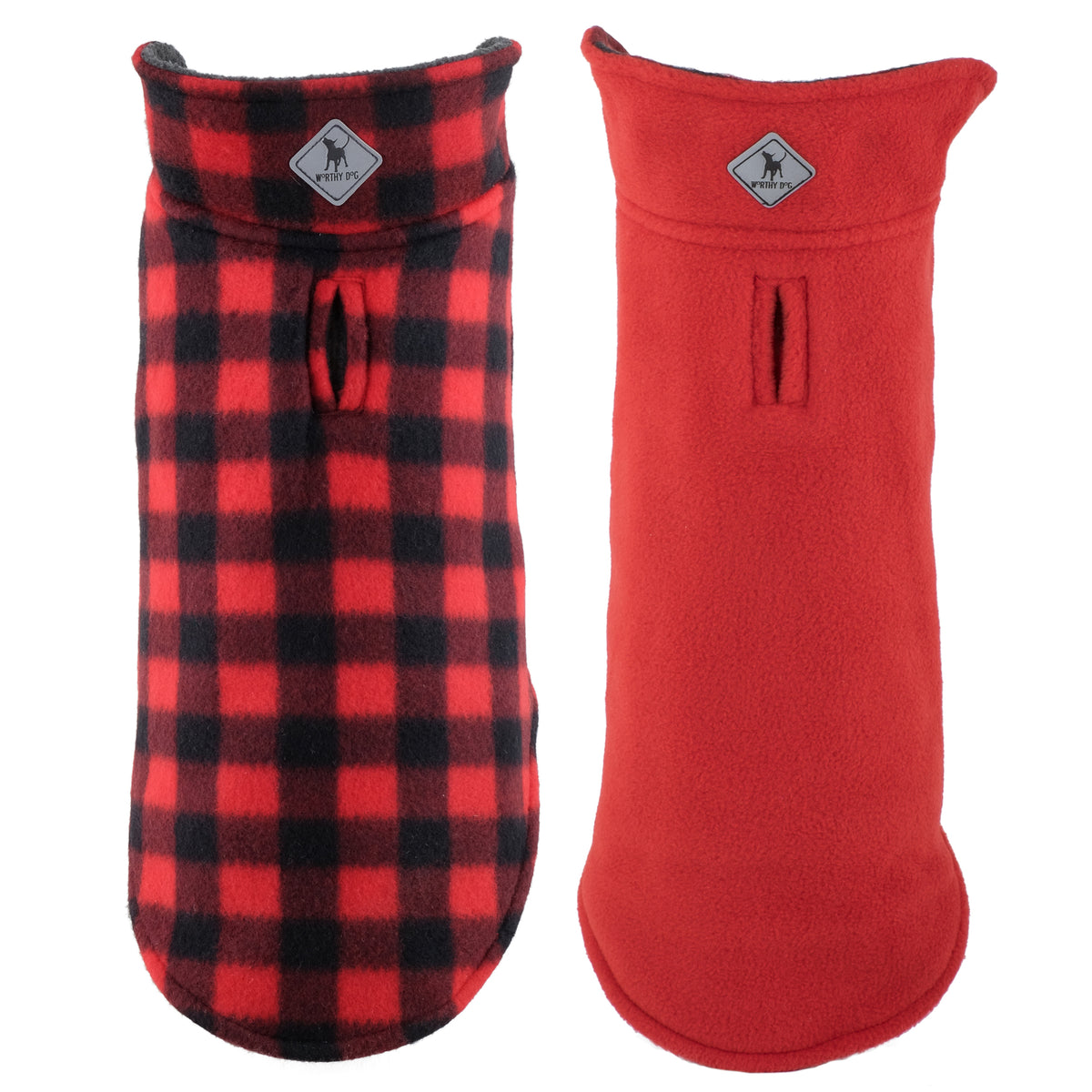 The Worthy Dog Fargo Fleece Jacket in red plaid and solid red