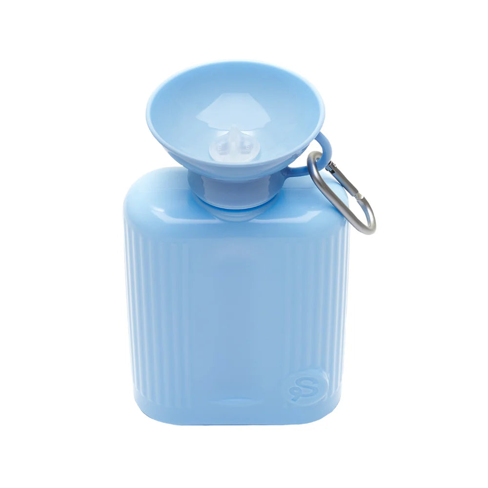 Light blue pet water bottle with an attached bowl and a silver carabiner clip