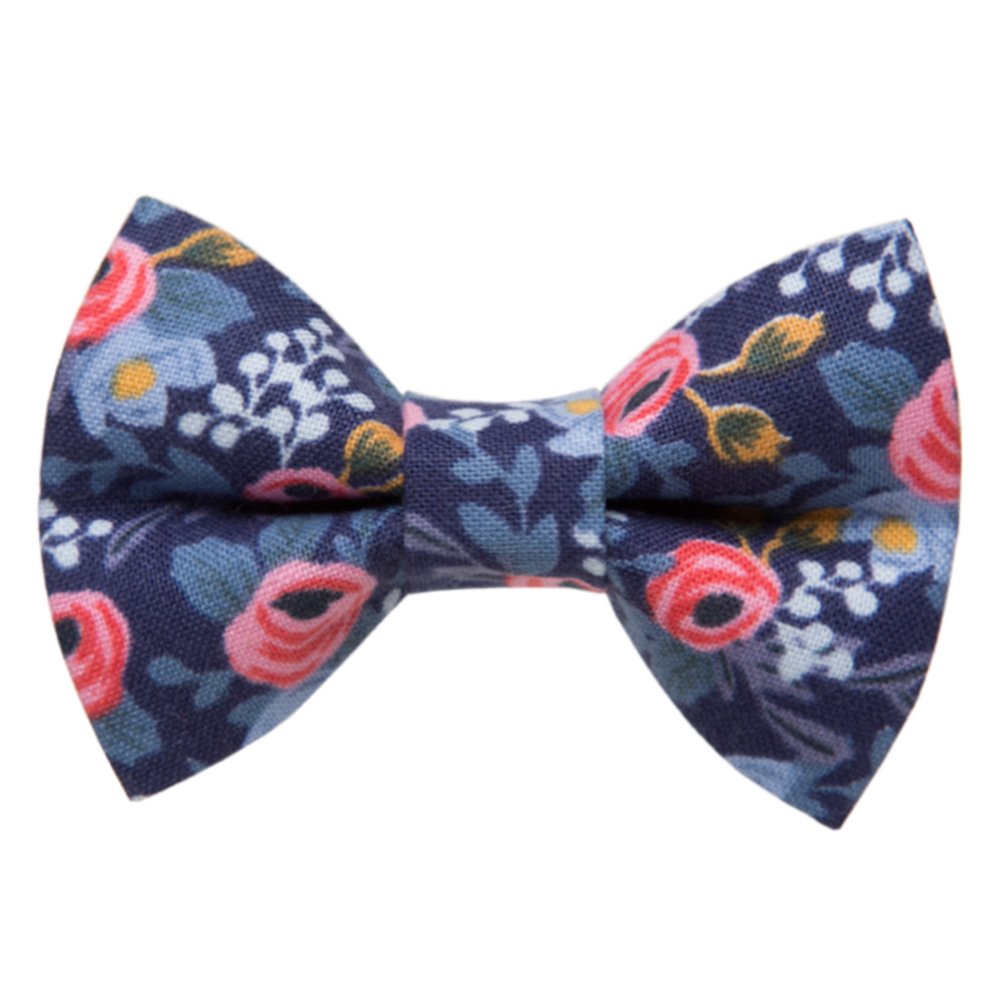 Sweet Pickles Designs The Wonderland bow tie in navy blue with pink and yellow floral pattern