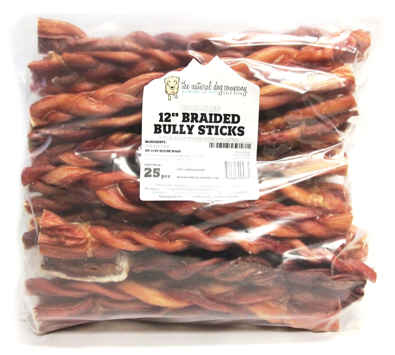 12" Thick Braided Bully Sticks - Odor Free (Bulk)- Pack of 25