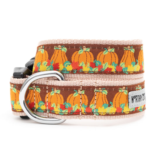 The Worthy Dog Pumpkin Patch Collar with orange pumpkins and autumn leaves on a brown background