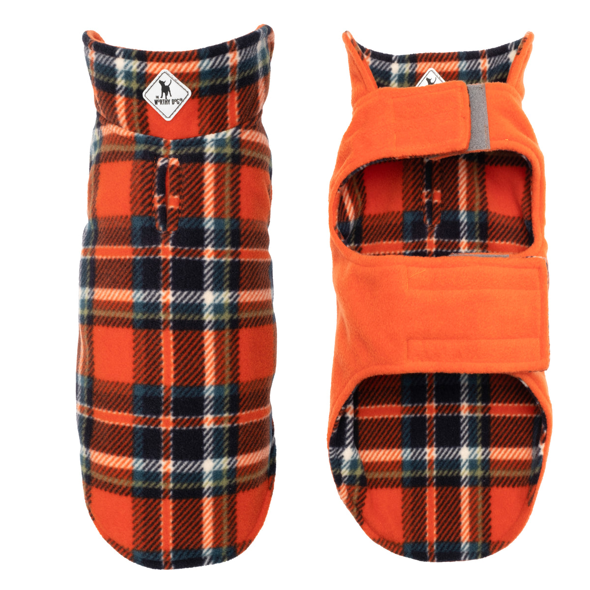 The Worthy Dog Fargo Fleece Jacket in orange plaid, front and back views