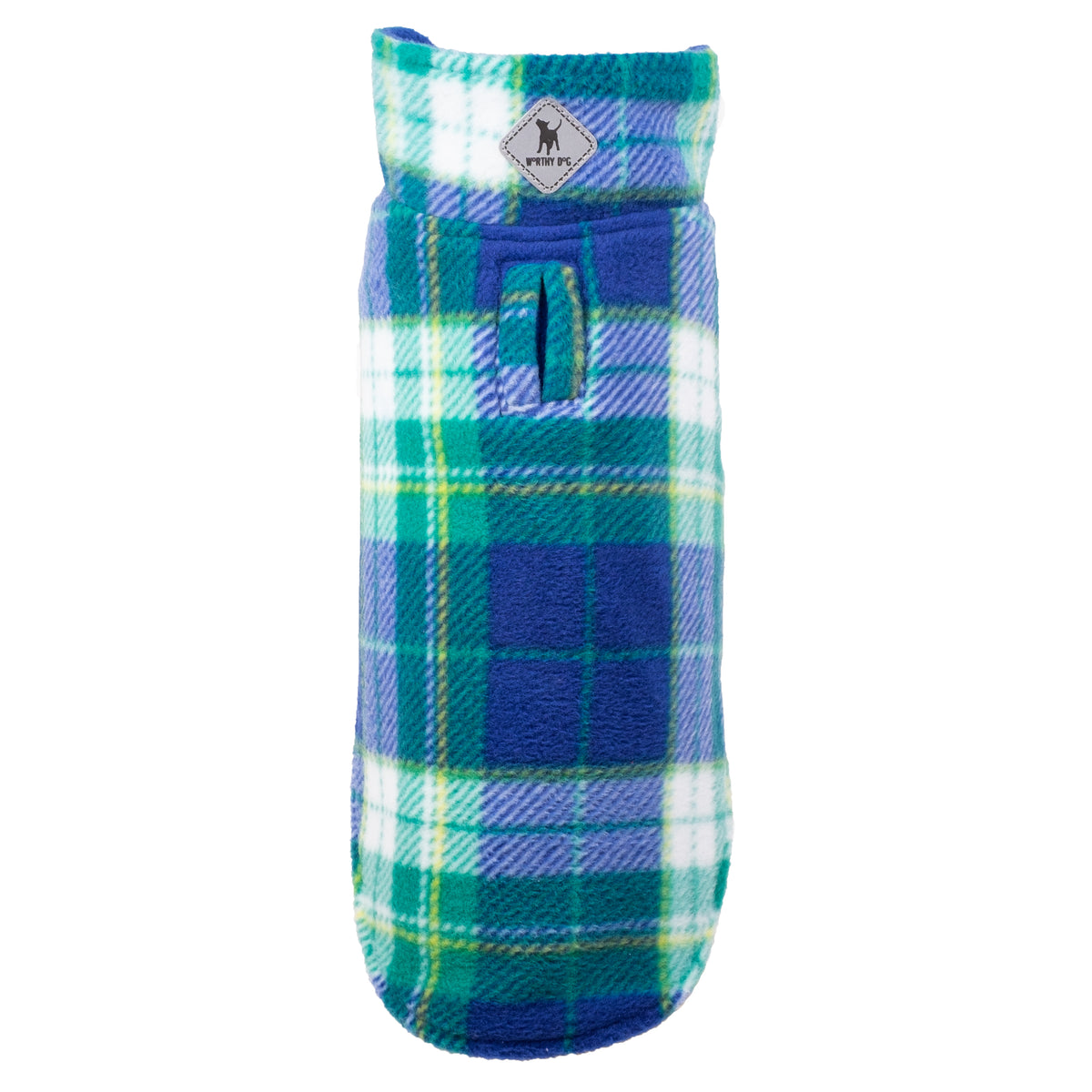 Worthy Dog plaid dog coat in shades of blue, green, and white with a leash opening