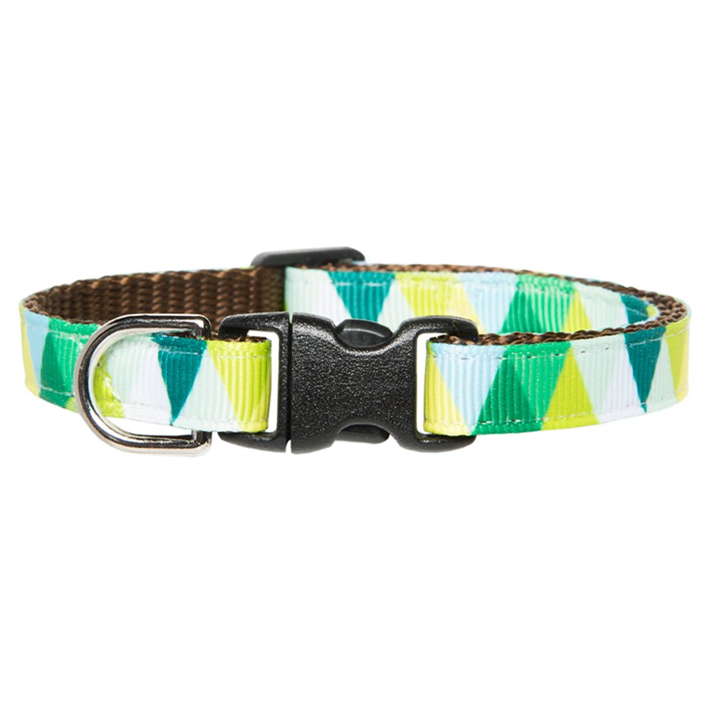 Green and blue geometric triangle pattern dog collar with black plastic buckle and metal D-ring