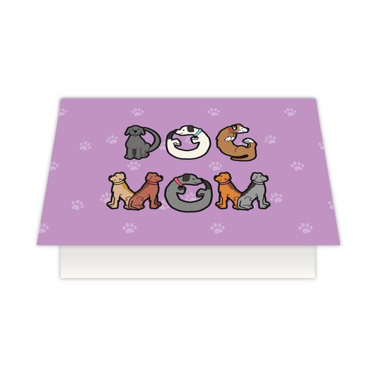 Dog Mom greeting card with cartoon dogs forming the words Dog Mom on a purple background with paw prints
