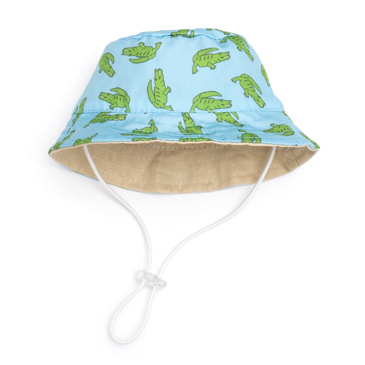 The Worthy Dog Alligators bucket hat in light blue with green alligator print and adjustable chin strap