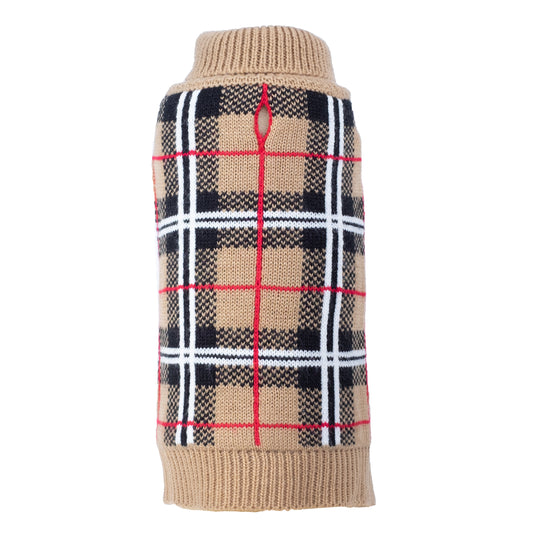 The Worthy Dog Tan Plaid Sweater with a tan, black, white, and red plaid pattern